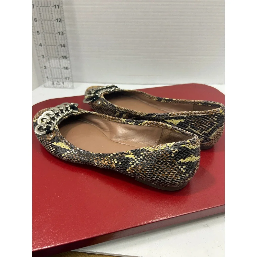 Jessica Simpson Snakeskin Ballet Flat 7B Brown Yellow Chain Rhinestone Glam Edgy